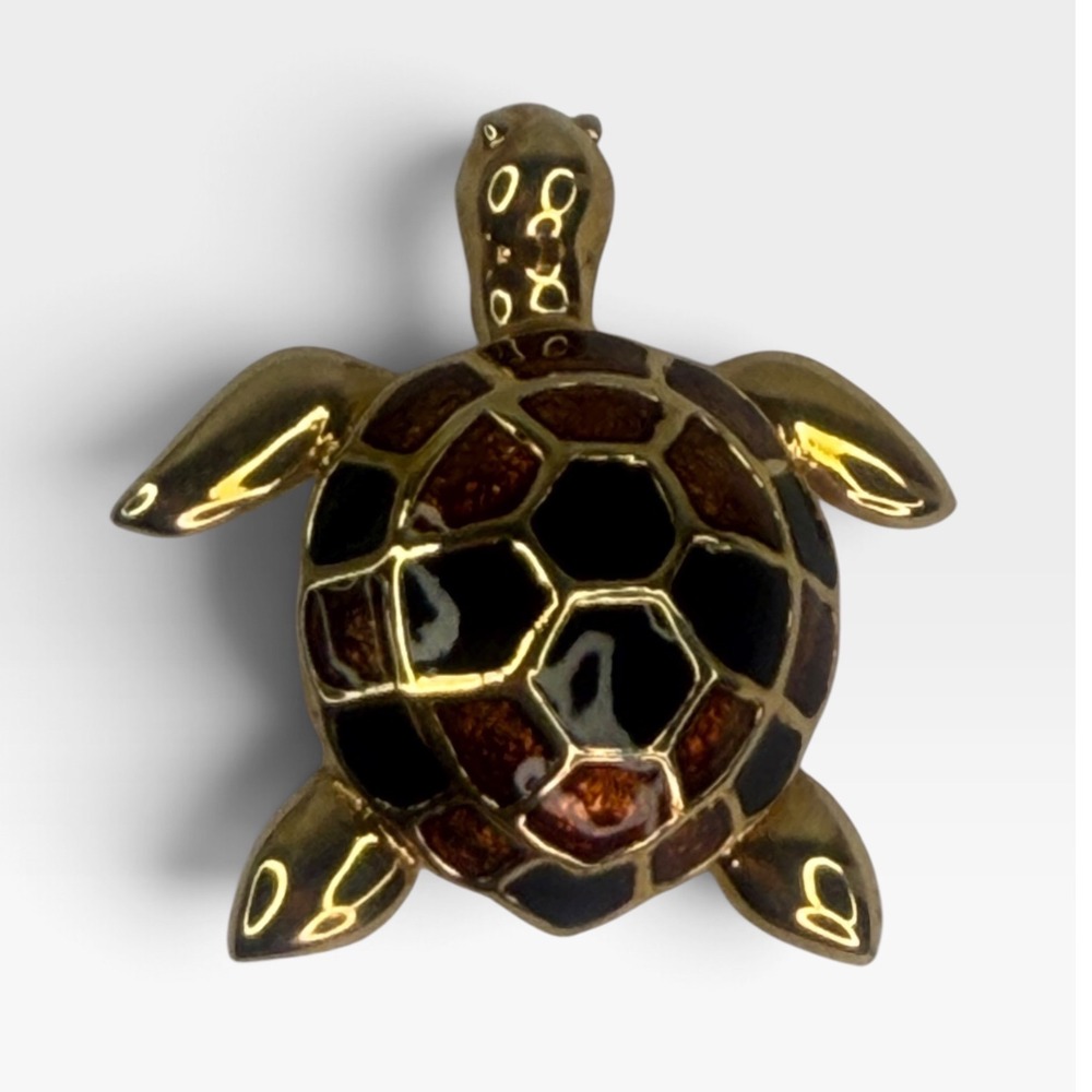 Gold Tone Enamel Sea Turtle Brooch Brown Black Tortoiseshell Pattern Pin